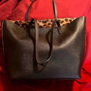 Large Black Tote Bag with Leopard Print Lining